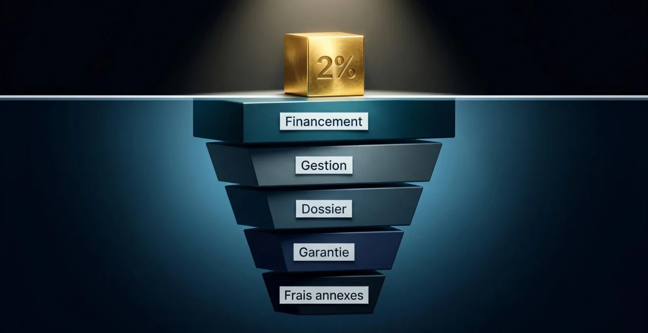 Représentation abstraite d'un iceberg en coupe : partie émergée minuscule portant '2%' en doré, partie immergée massive révélant 5 strates superposées étiquetées Financement, Gestion, Dossier, Garantie et Frais annexes, symbolisant les coûts cachés